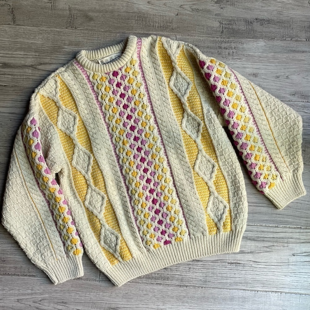 Free People X Mad Brown Knitwear Recycled Sweater/Jumper Cream/Pink/Yellow SZ OS - Picture 3 of 15